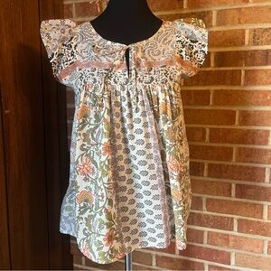 Self Contrast Women S Flutter Sleeve Mixed Print Lightweight Peplum Top Boho USA